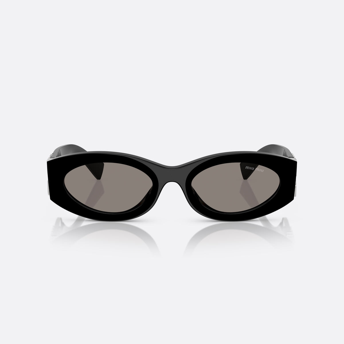 Ochelari de soare Miu Miu MU 11WS 16K80Q, ovali negru, pentru femei, punte simplă integrată, literele brandului pe brațe, vedere din față