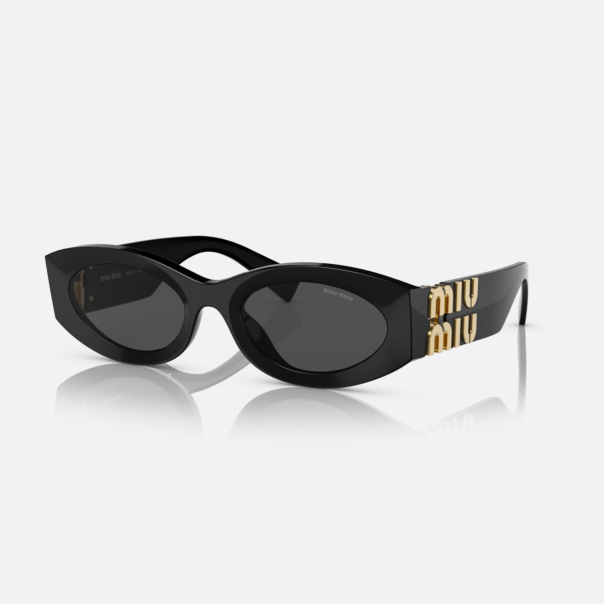 Miu Miu MU 11WS 1AB5S0 sunglasses, black oval frame for women, keyhole bridge, brand lettering on temples, full-rim frame