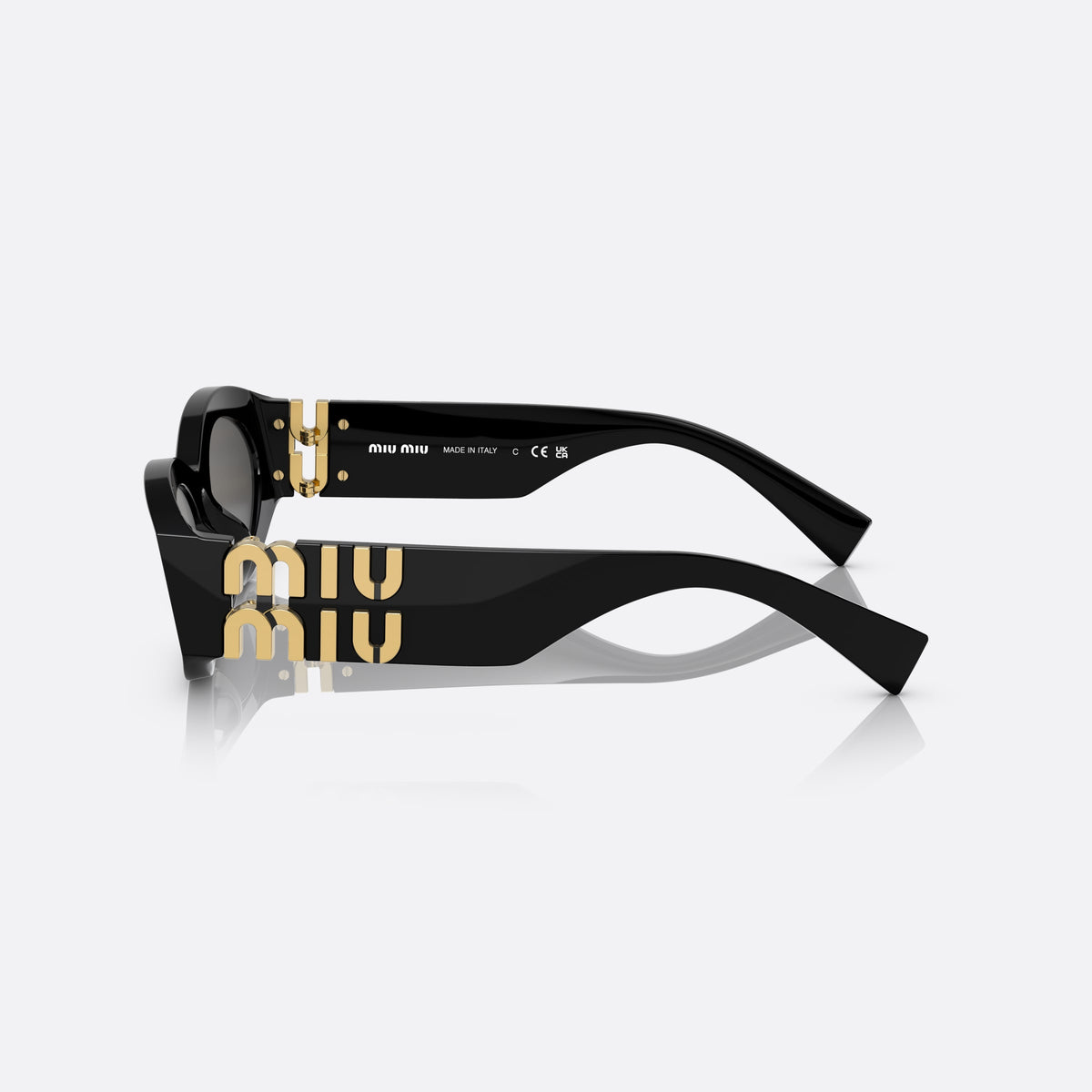 Miu Miu MU 11WS 1AB5S0 sunglasses, black oval frame for women, keyhole bridge, brand lettering on temples, full-rim frame, side view