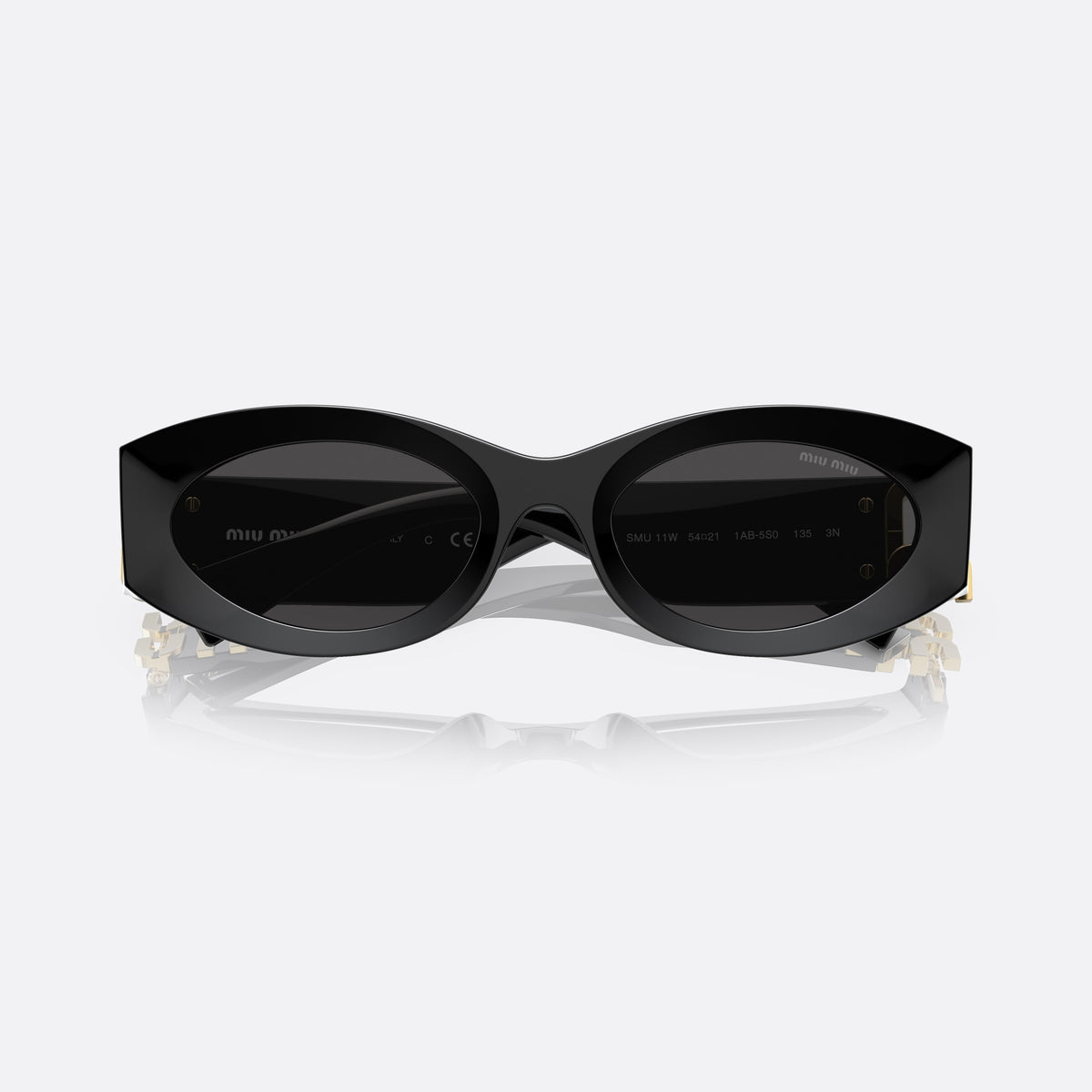Miu Miu MU 11WS 1AB5S0 sunglasses, black oval frame for women, keyhole bridge, brand lettering on temples, full-rim frame, folded