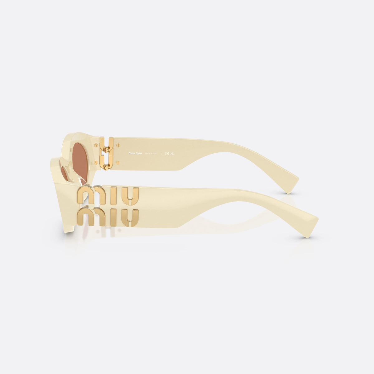 Miu Miu MU 11WS 21D90Q sunglasses, white oval frame for women, plain integrated bridge, brand lettering on temples, side view