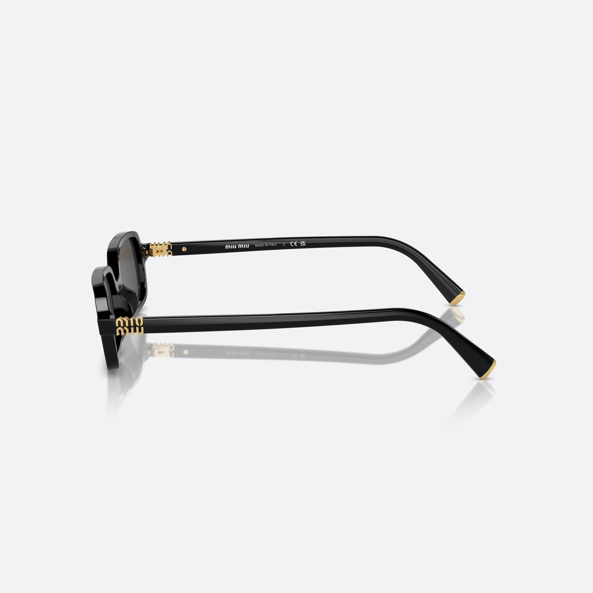 Ochelari de soare Miu Miu MU 11ZS 16K-5S0, rectangulari negru, pentru femei, punte dublă simplă, literele brandului pe brațe, vedere laterală