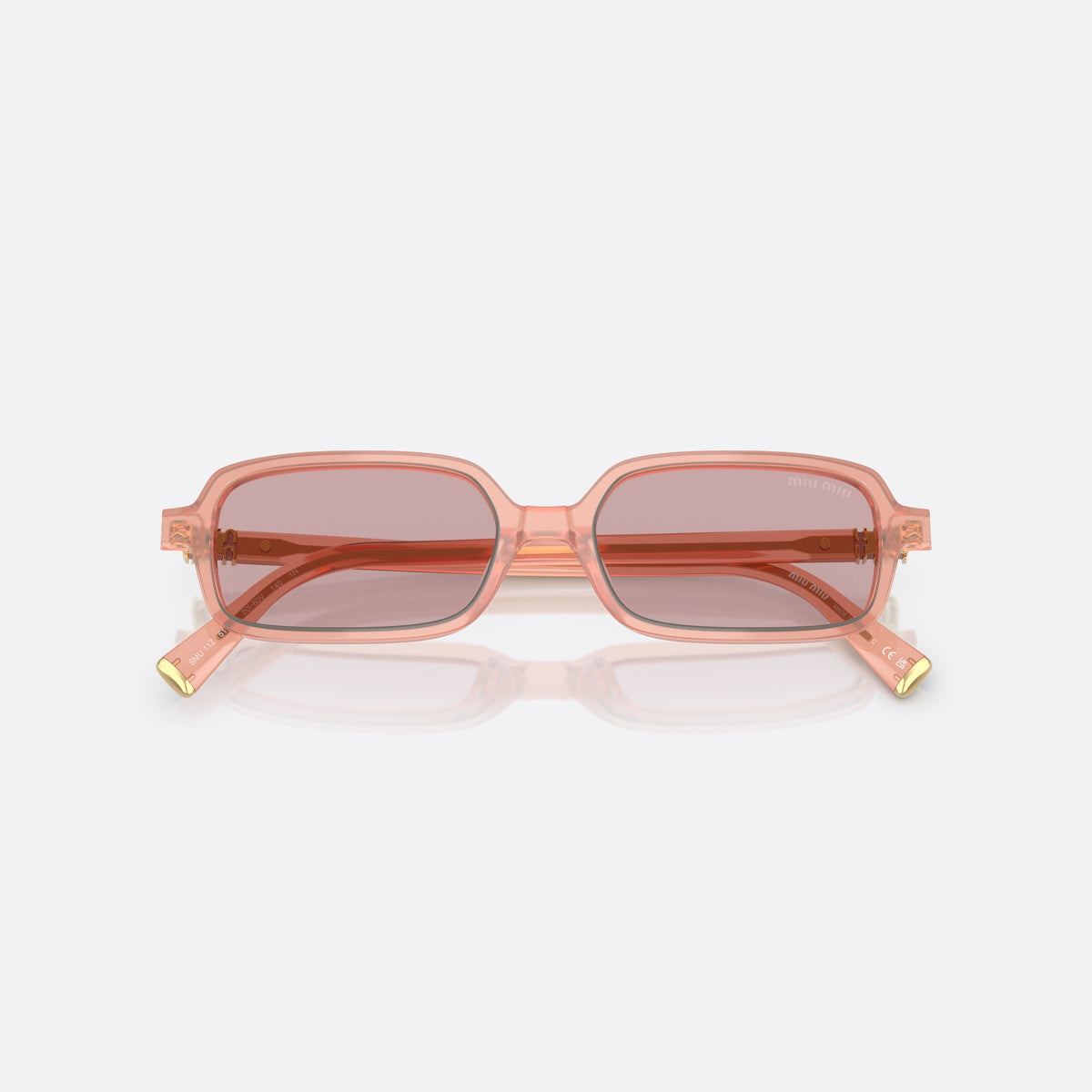 Ochelari de soare Miu Miu MU 11ZS 20I60V, rectangulari roz, pentru femei, punte simplă cu dublu arc, literele brandului pe brațe, cu brațele pliate