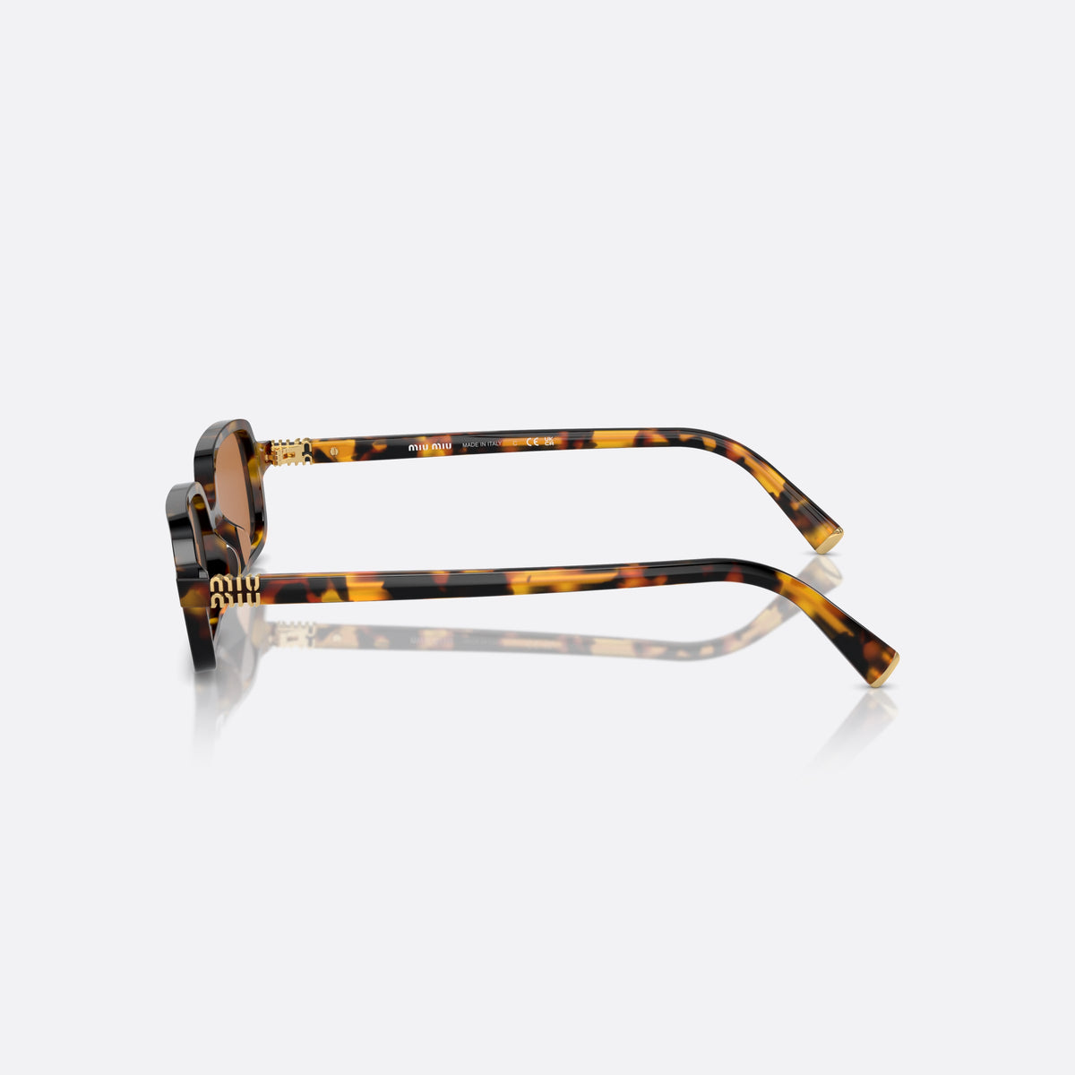 Miu Miu MU 11ZS VAU-2Z1 sunglasses, havana rectangle frame for women, plain bridge, integrated, brand lettering on temples, side view