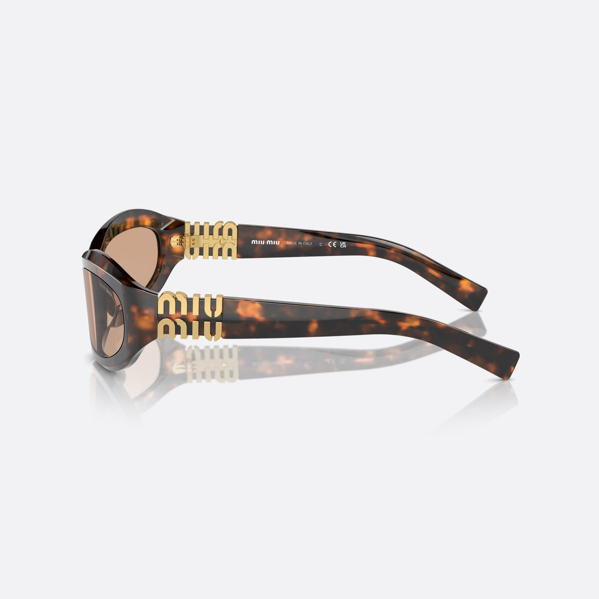 Ochelari de soare Miu Miu MU 14ZS 14L90H, neregulat țestoasă, pentru femei, punte simplă, placă cu logoul brandului pe braț, vedere laterală