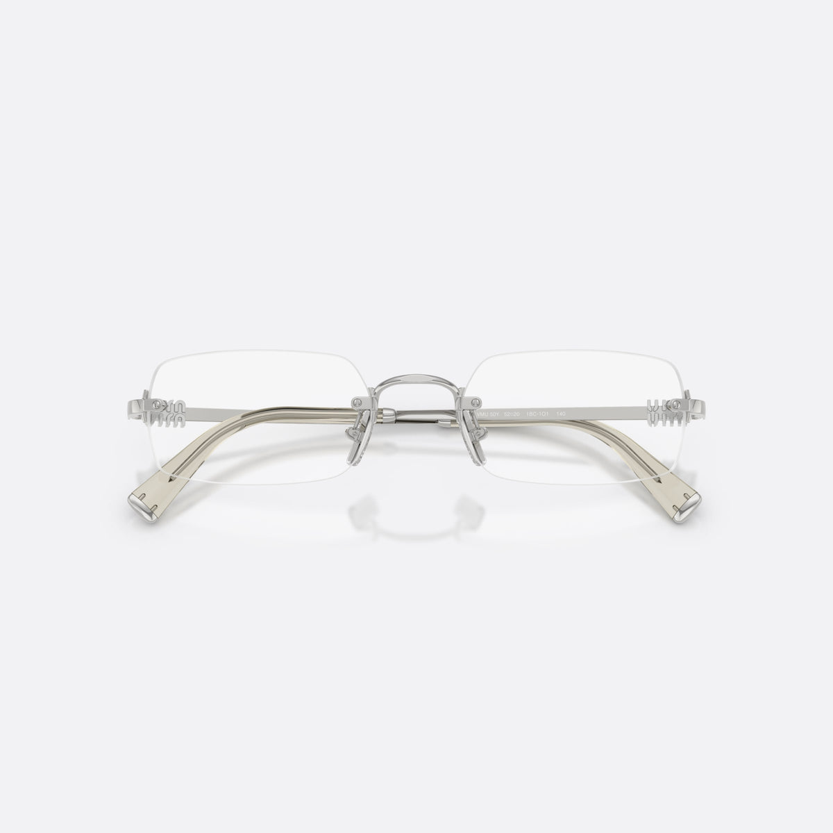 Miu Miu MU 50YV 1BC1O1 eyeglasses, silver rectangle frame for women, thin metal bridge, slim metal temples, folded