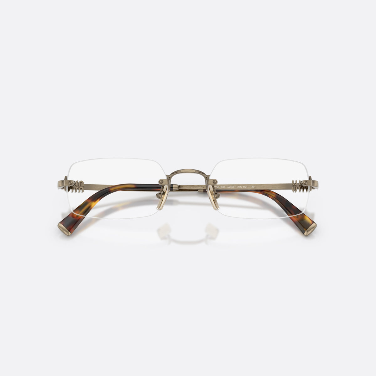 Rame ochelari de vedere Miu Miu MU 50YV 26C1O1, rectangulari auriu, pentru femei, punte metalică simplă, literele brandului pe brațe, cu brațele pliate