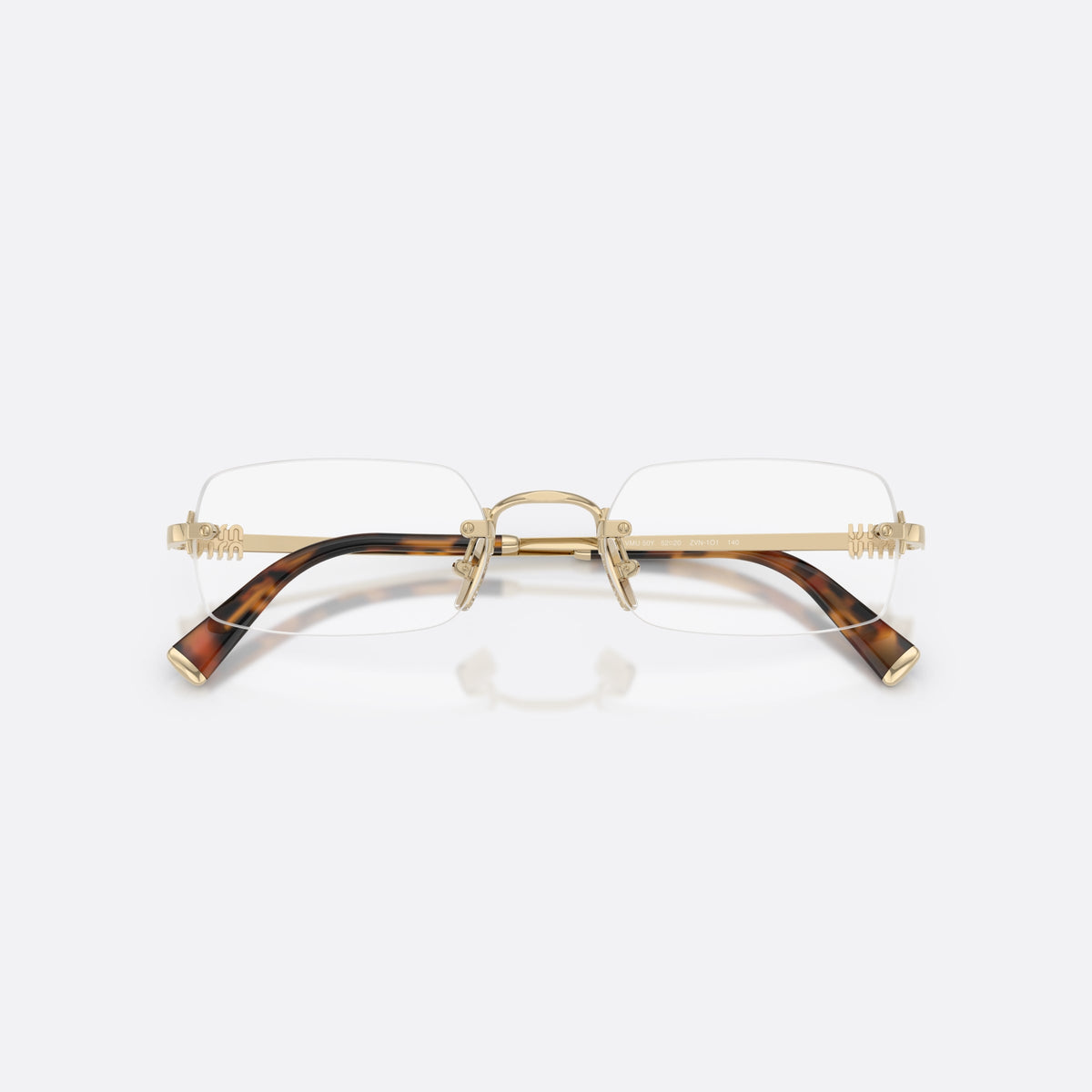 Miu Miu MU 50YV ZVN1O1 eyeglasses, gold rectangle frame for women, thin metal bridge, brand lettering on temples, folded