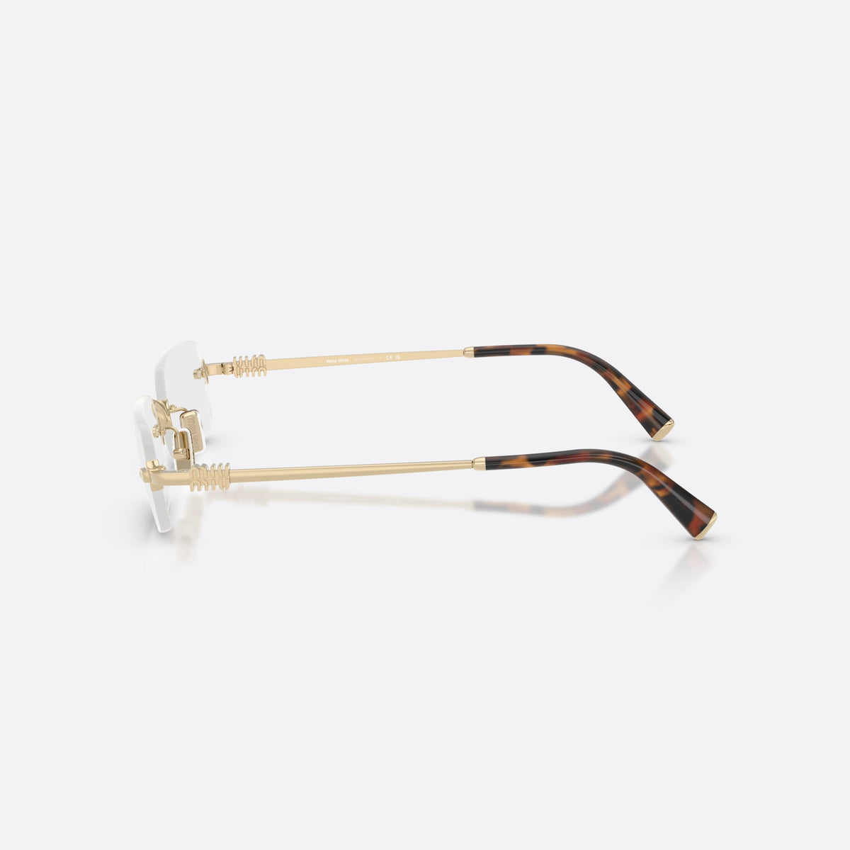 Miu Miu MU 50YV ZVN1O1 eyeglasses, gold rectangle frame for women, slim metal bridge, brand lettering on temples, side view