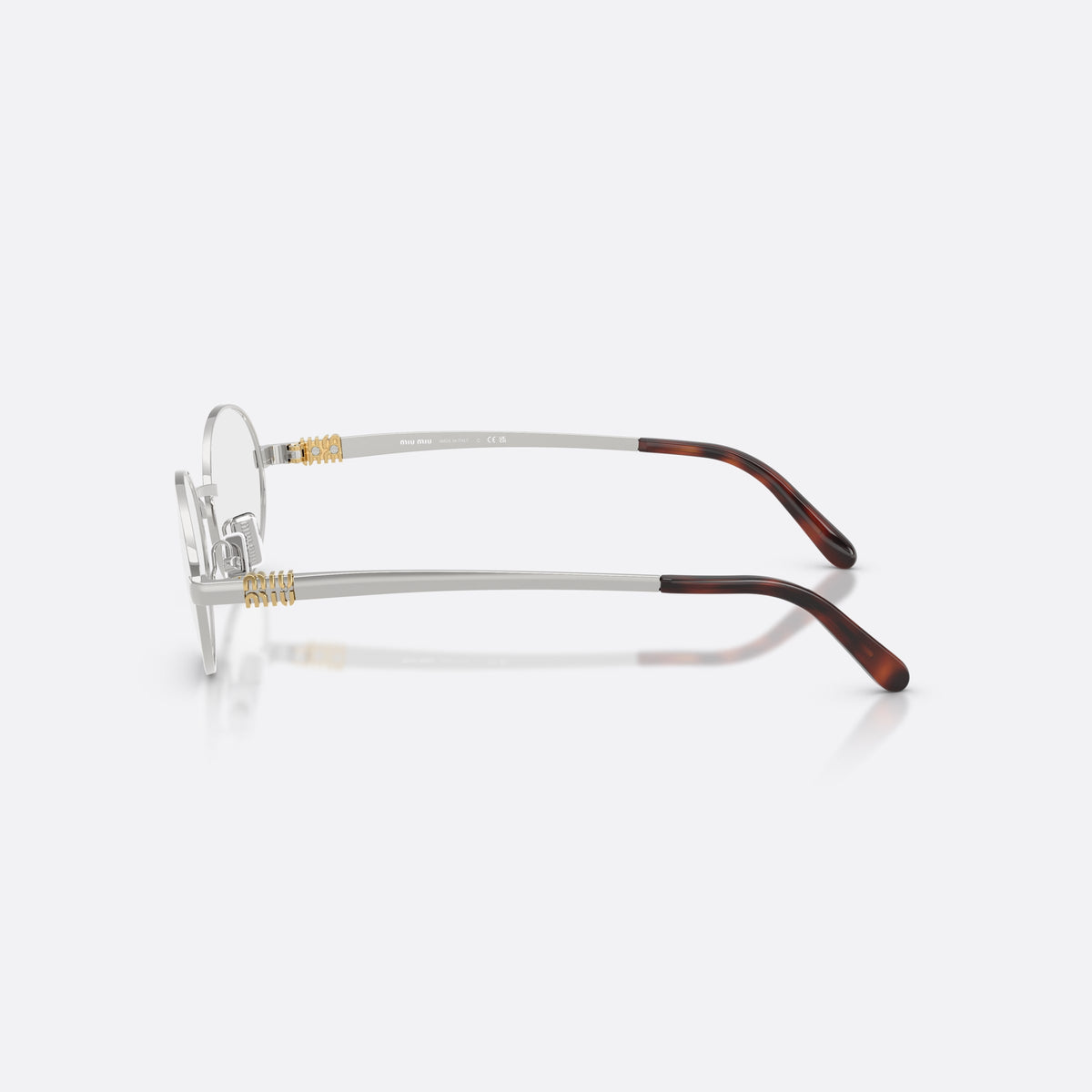 Rame ochelari de vedere Miu Miu MU 50ZV 1BC1O1, ovali argintiu, pentru femei, punte metalică simplă, literele brandului pe brațe, vedere laterală