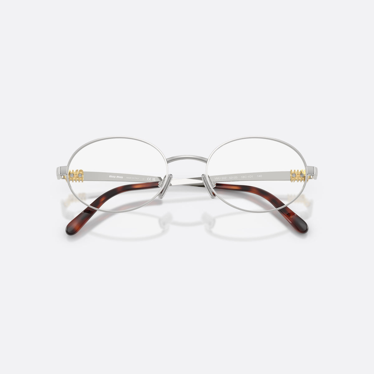 Rame ochelari de vedere Miu Miu MU 50ZV 1BC1O1, ovali argintiu, pentru femei, punte metalică simplă, literele brandului pe brațe, cu brațele pliate