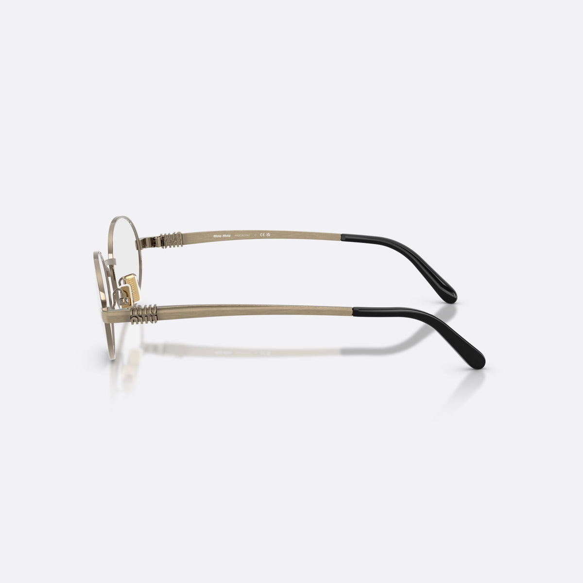 Rame ochelari de vedere Miu Miu MU 50ZV 26C1O1, ovali auriu, pentru femei, punte metalică simplă, literele brandului pe brațe, vedere laterală