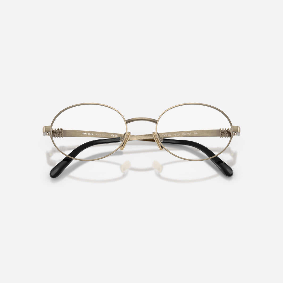Rame ochelari de vedere Miu Miu MU 50ZV 26C1O1, ovali auriu, pentru femei, punte metalică simplă, literele brandului pe brațe, cu brațele pliate