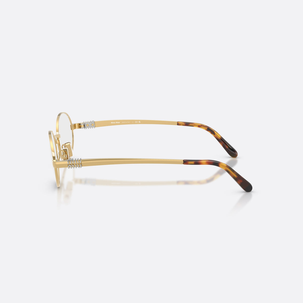 Miu Miu MU 50ZV 5AK1O1 eyeglasses, gold oval frame for women, plain metal bridge, brand lettering on temples, side view