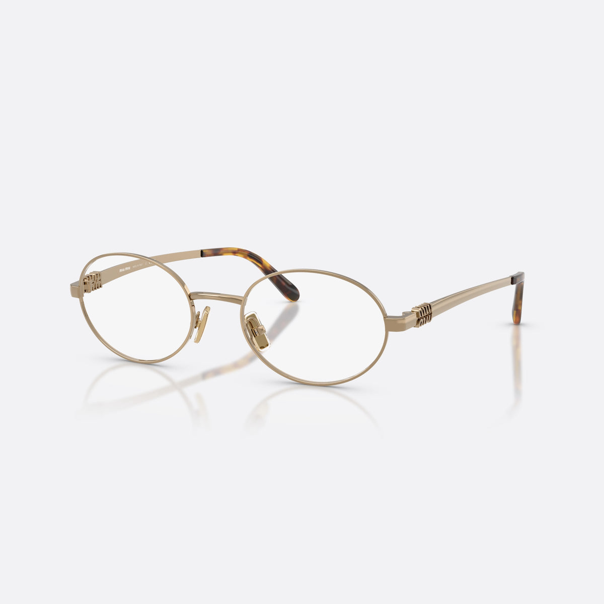 Miu Miu MU 50ZV 7OE1O1 eyeglasses, gold oval frame for women, plain metal bridge, brand lettering on temples