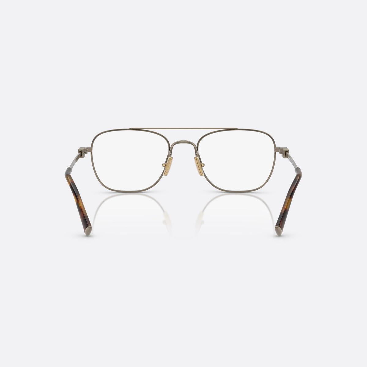 Miu Miu MU 51WV 26C1O1 eyeglasses, gold square frame for women, double bridge with top bar, brand lettering on the temples, back view