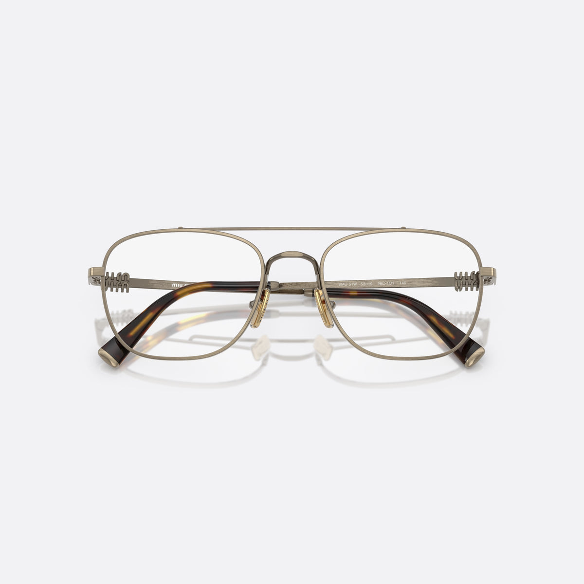 Miu Miu MU 51WV 26C1O1 eyeglasses, gold square frame for women, double bridge with top bar, brand lettering on the temples, folded