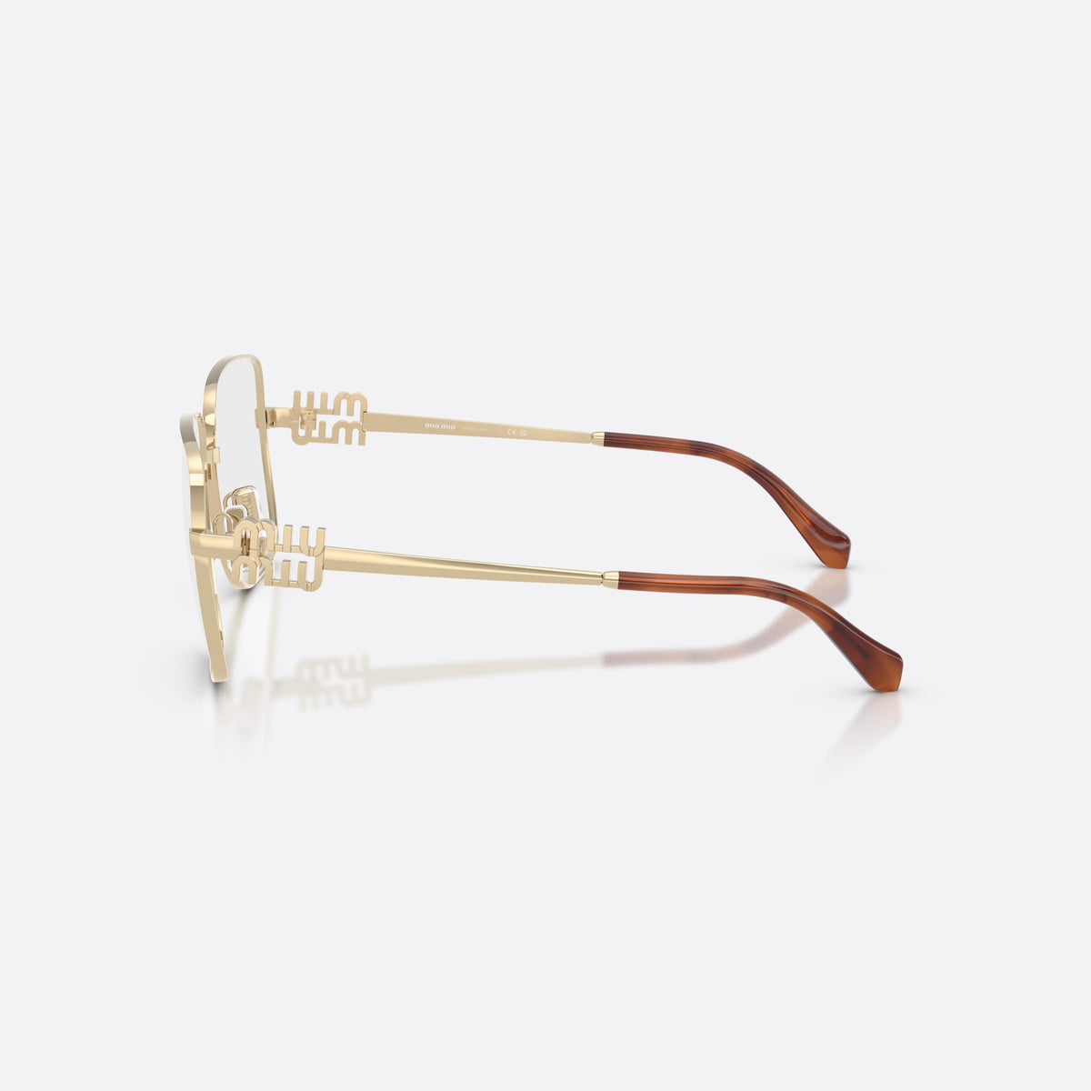 Rame ochelari de vedere Miu Miu MU 51XV 14M1O1, patrati bej, pentru femei, punte metalică simplă, plăcuță cu logoul brandului pe brațe, vedere laterală