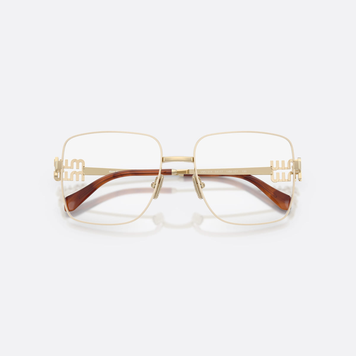 Rame ochelari de vedere Miu Miu MU 51XV 14M1O1, patrati bej, pentru femei, punte metalică simplă, plăcuță cu logoul brandului pe brațe, cu brațele pliate