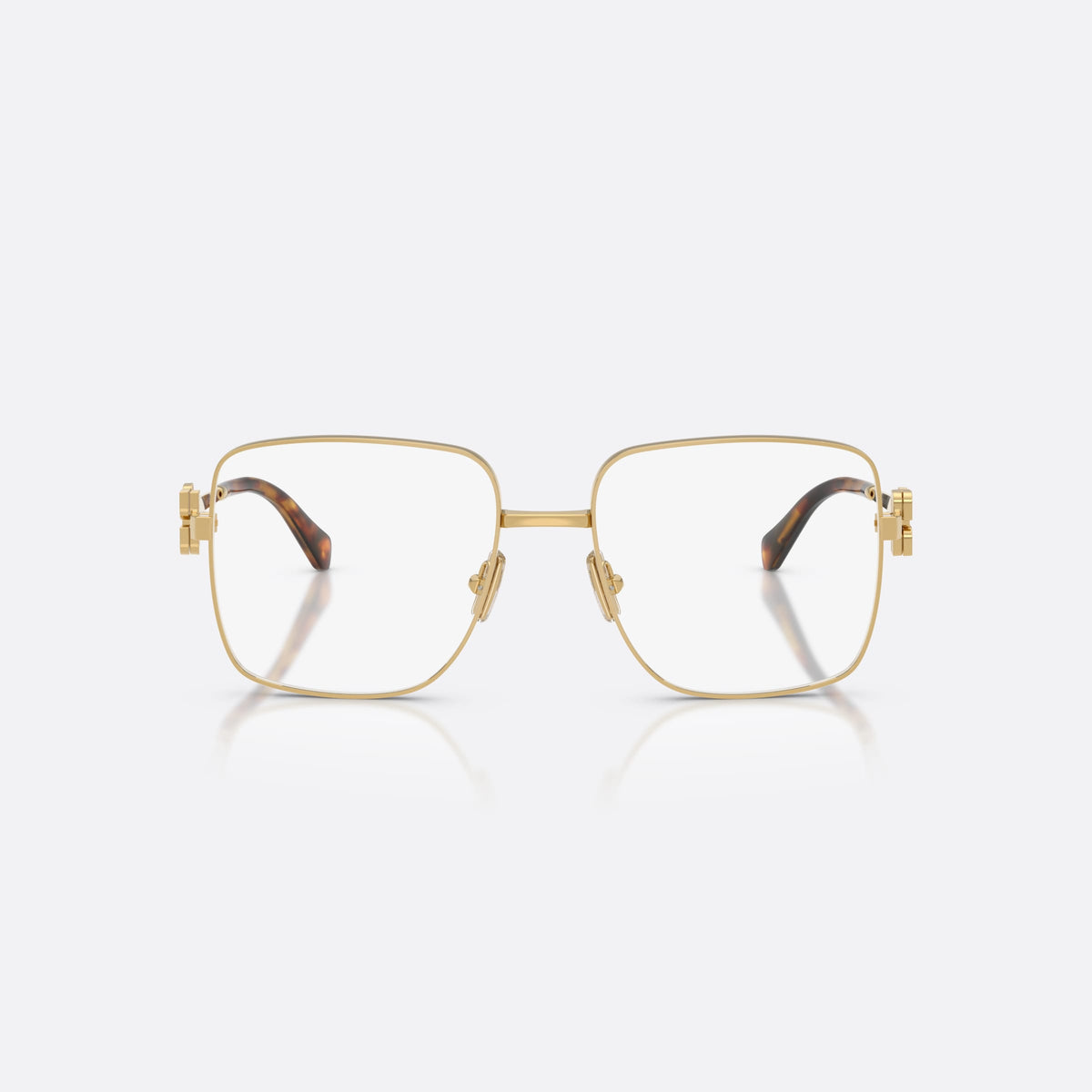 Miu Miu MU 51XV 5AK1O1 eyeglasses, gold square frame for women, plain metal bridge, brand logo plaque on temples, front view