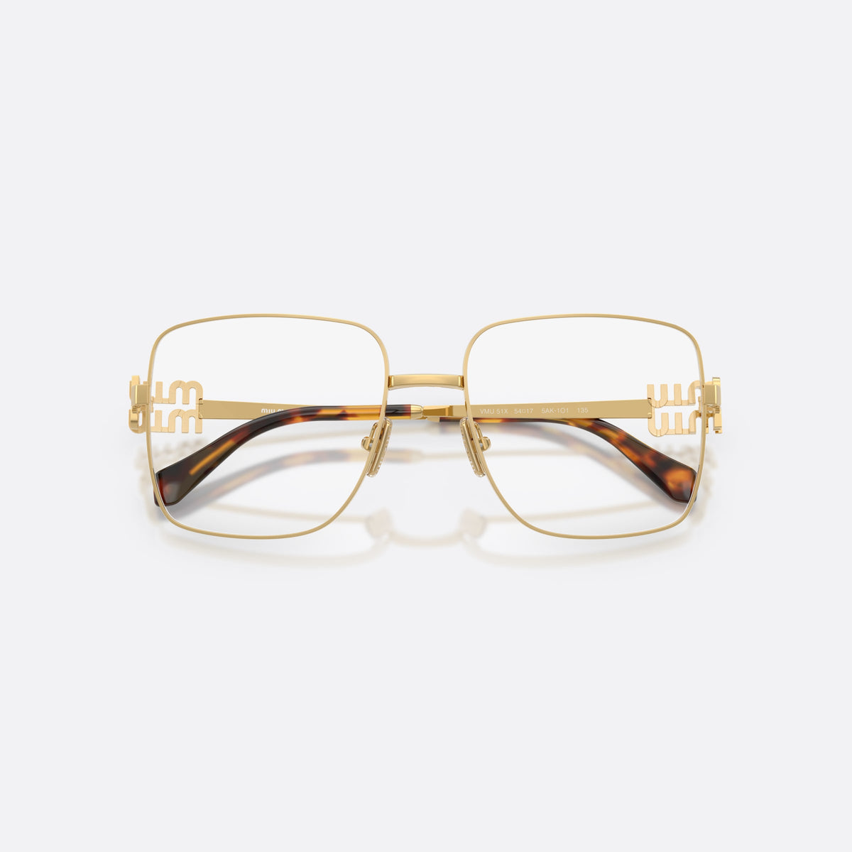 Miu Miu MU 51XV 5AK1O1 eyeglasses, gold square frame for women, plain metal bridge, brand logo plaque on temples, folded