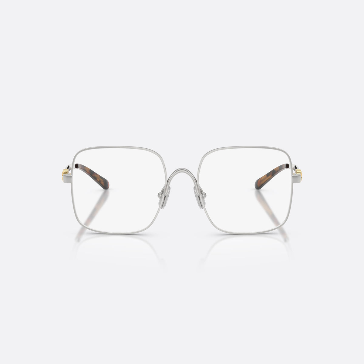Miu Miu MU 51YV 1BC1O1 eyeglasses, silver square frame for women, double bridge with metal arch, brand lettering on temples, front view