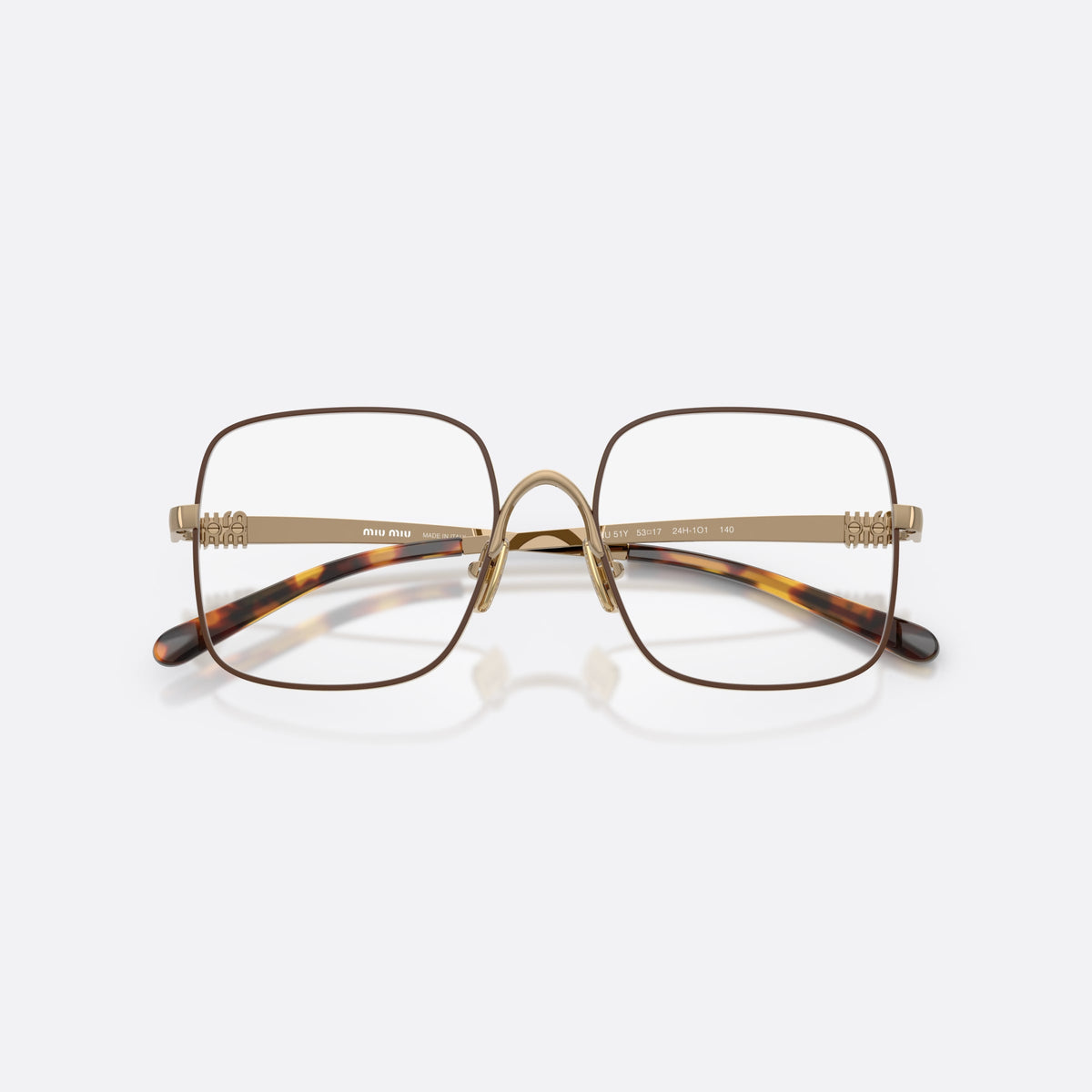 Miu Miu MU 51YV 24H1O1 eyeglasses, brown square frame for women, metal saddle bridge with arch, full-rim thin frame, folded