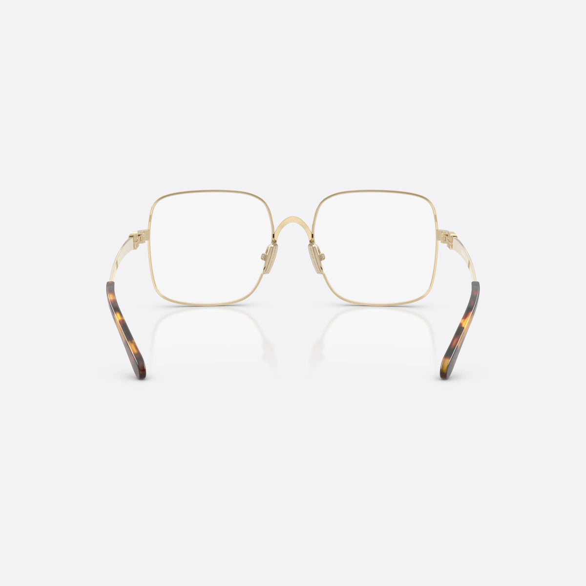 Miu Miu MU 51YV ZVN1O1 eyeglasses, gold square frame for women, double bridge with metal arch, brand lettering on temples, back view