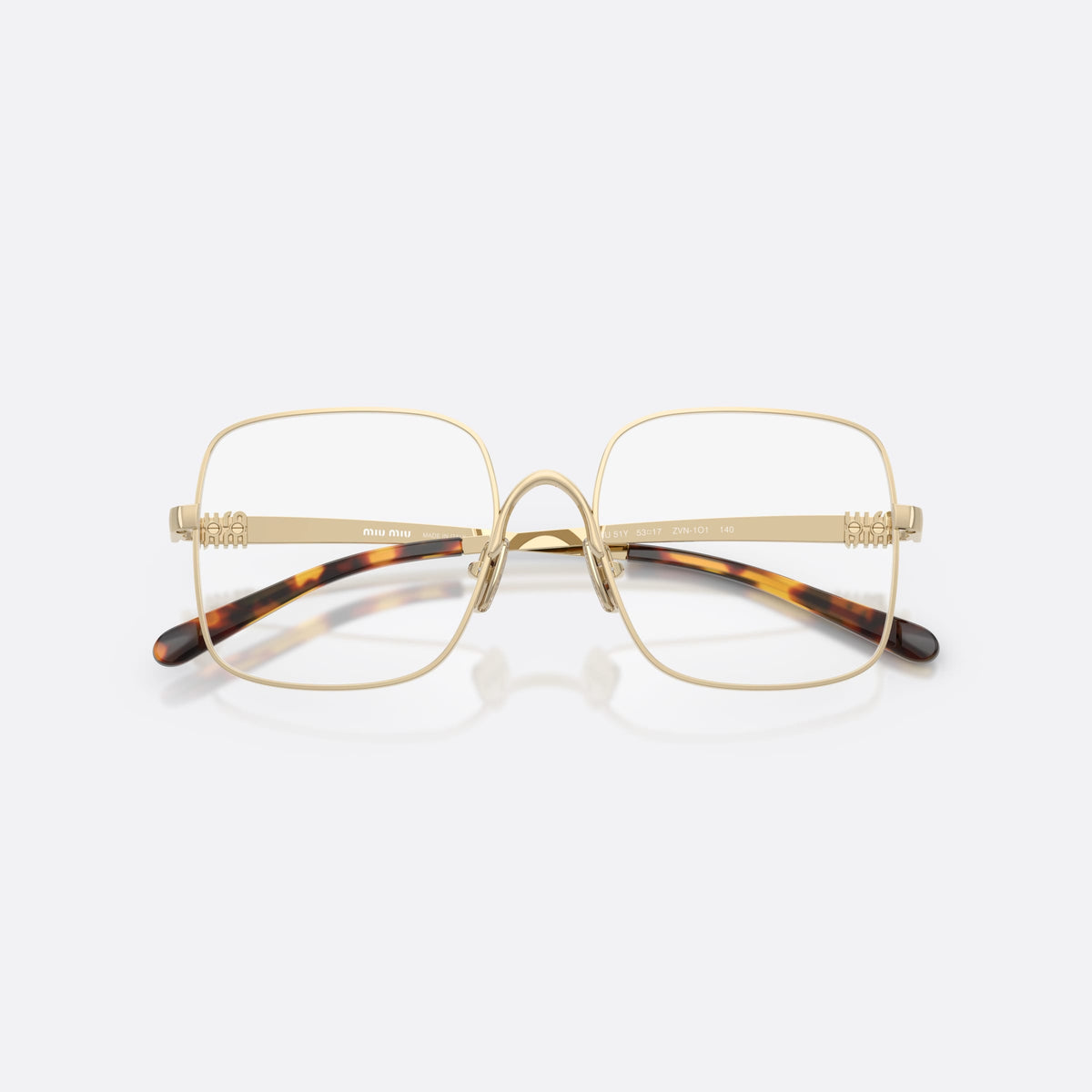Miu Miu MU 51YV ZVN1O1 eyeglasses, gold square frame for women, double bridge with metal arch, brand lettering on temples, folded