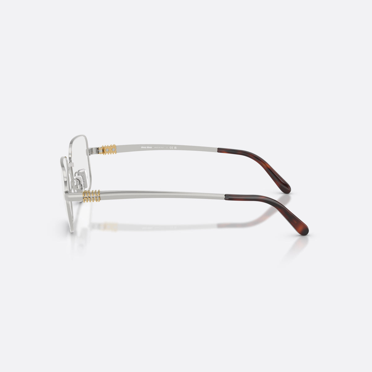 Miu Miu MU 51ZV 1BC1O1 eyeglasses, silver rectangle frame for women, plain metal bridge, brand logo plaque on temples, side view