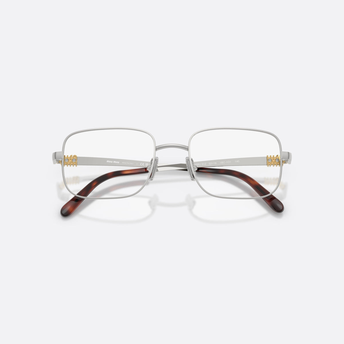 Miu Miu MU 51ZV 1BC1O1 eyeglasses, silver rectangle frame for women, plain metal bridge, brand logo plaque on temples, folded