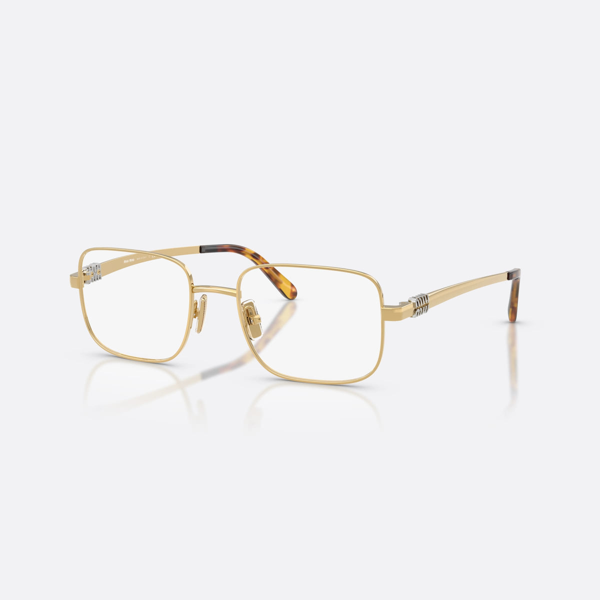 Miu Miu MU 51ZV 5AK1O1 eyeglasses, gold rectangle frame for women, plain metal bridge, brand lettering on temples