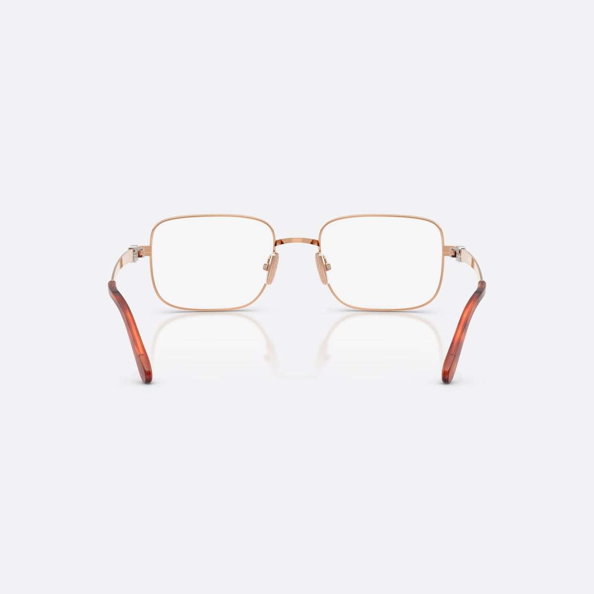 Miu Miu MU 51ZV ZVF1O1 eyeglasses, pink rectangle frame for women, plain metal bridge, brand lettering on temples, back view