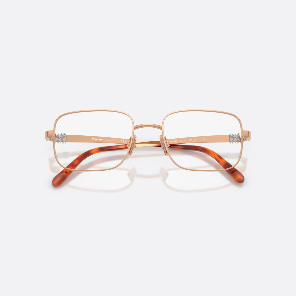Miu Miu MU 51ZV ZVF1O1 eyeglasses, pink rectangle frame for women, plain metal bridge, brand lettering on temples, folded