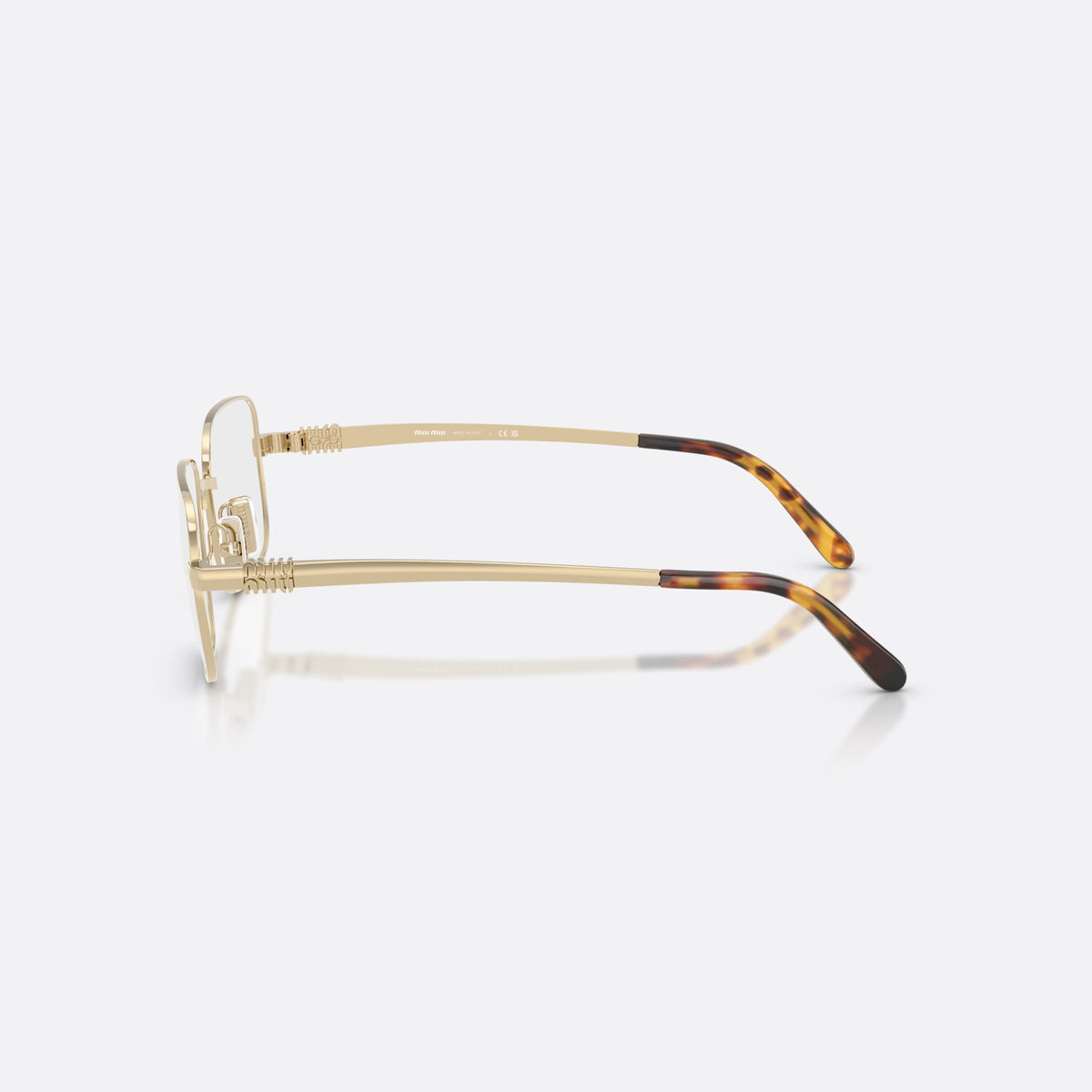 Rame ochelari de vedere Miu Miu MU 51ZV ZVN1O1, rectangulari auriu, pentru femei, punte metalică simplă, literele brandului pe brațe, vedere laterală