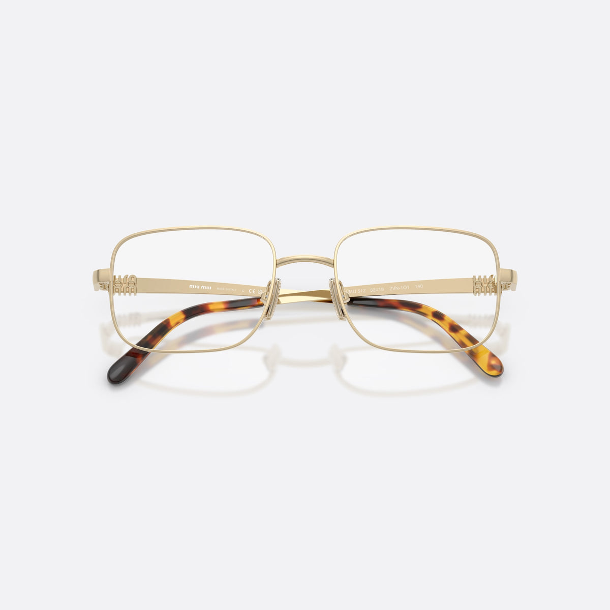 Rame ochelari de vedere Miu Miu MU 51ZV ZVN1O1, rectangulari auriu, pentru femei, punte metalică simplă, literele brandului pe brațe, cu brațele pliate