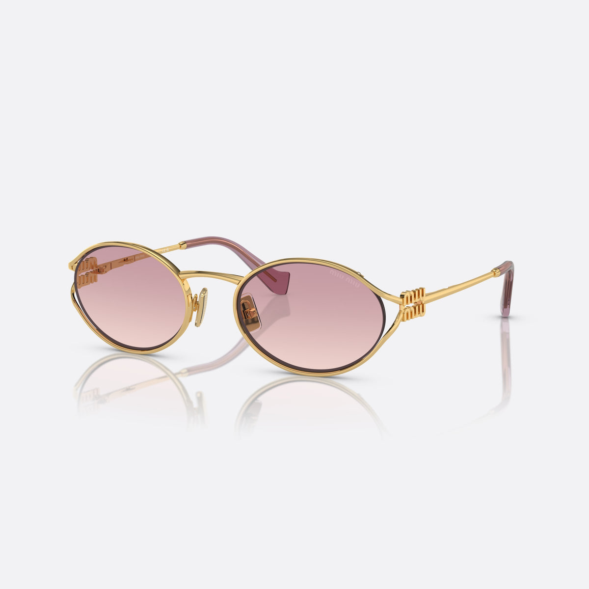 Miu Miu MU 52YS 5AK-06S sunglasses, gold oval frame for women, thin metal bridge, brand logo on temples