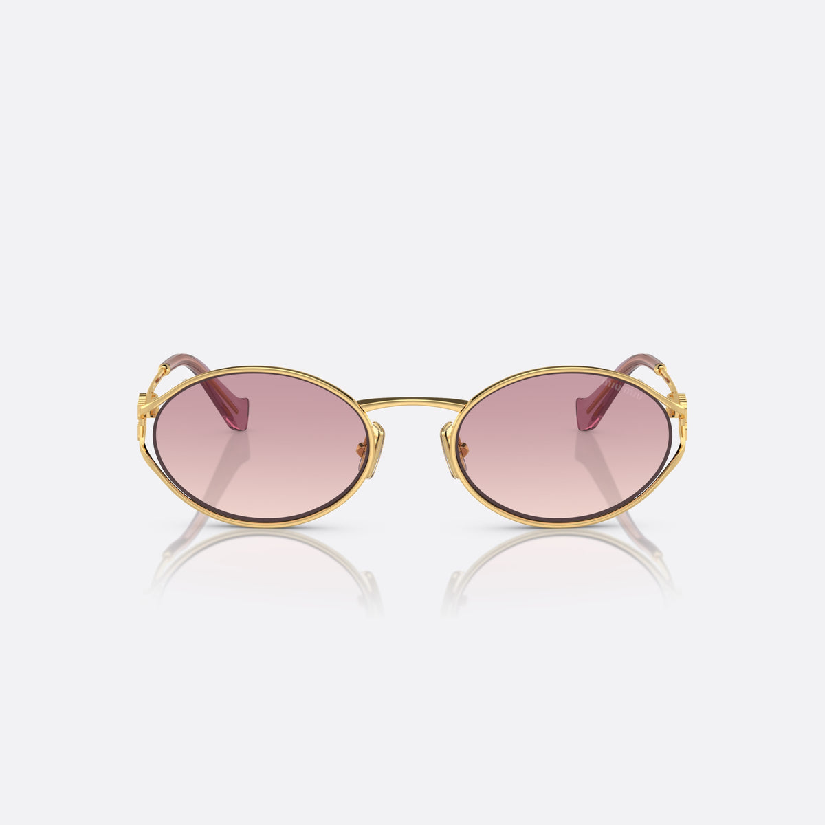 Miu Miu MU 52YS 5AK-06S sunglasses, gold oval frame for women, thin metal bridge, brand logo on temples, front view