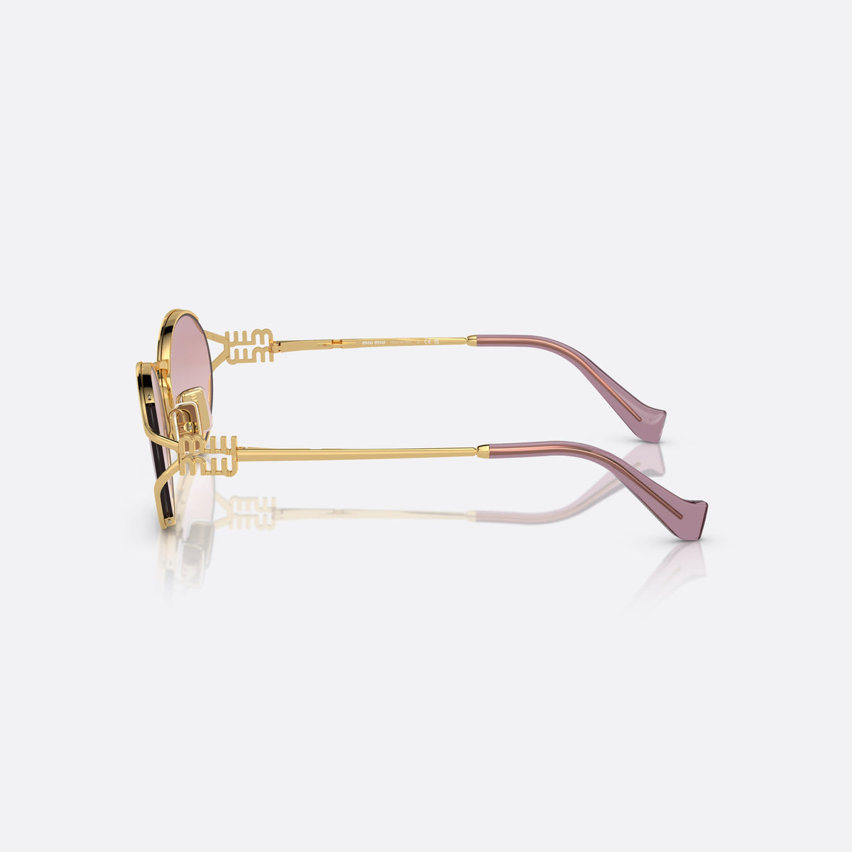 Miu Miu MU 52YS 5AK-06S sunglasses, gold oval frame for women, thin metal bridge, brand logo on temples, side view