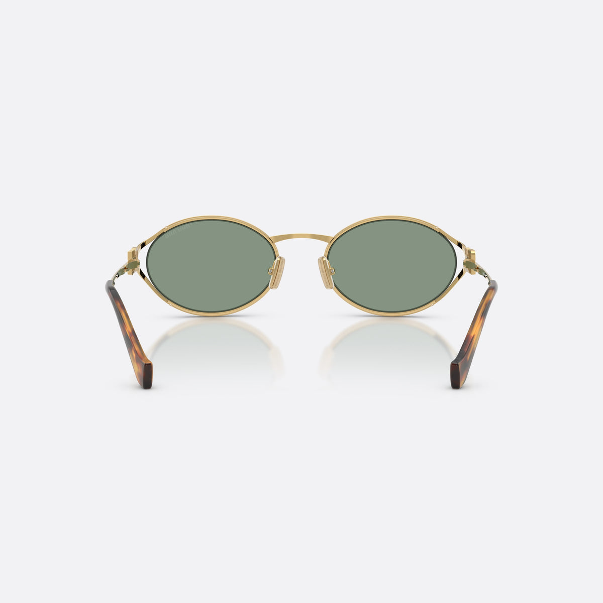 Miu Miu MU 52YS 5AK04M sunglasses, gold oval frame for women, thin metal saddle bridge, brand lettering on the temples, back view