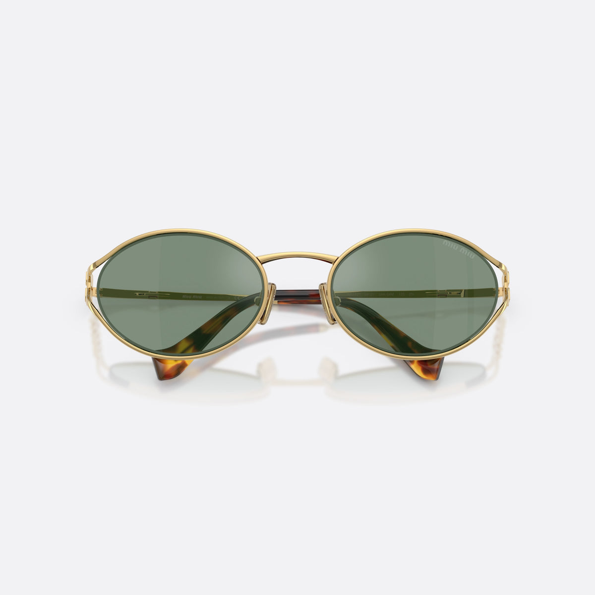 Miu Miu MU 52YS 5AK04M sunglasses, gold oval frame for women, thin metal saddle bridge, brand lettering on the temples, folded