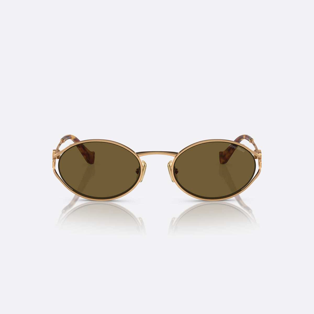 Miu Miu MU 52YS 7OE-01T sunglasses, gold oval frame for women, thin metal bridge, brand logo on temple, front view