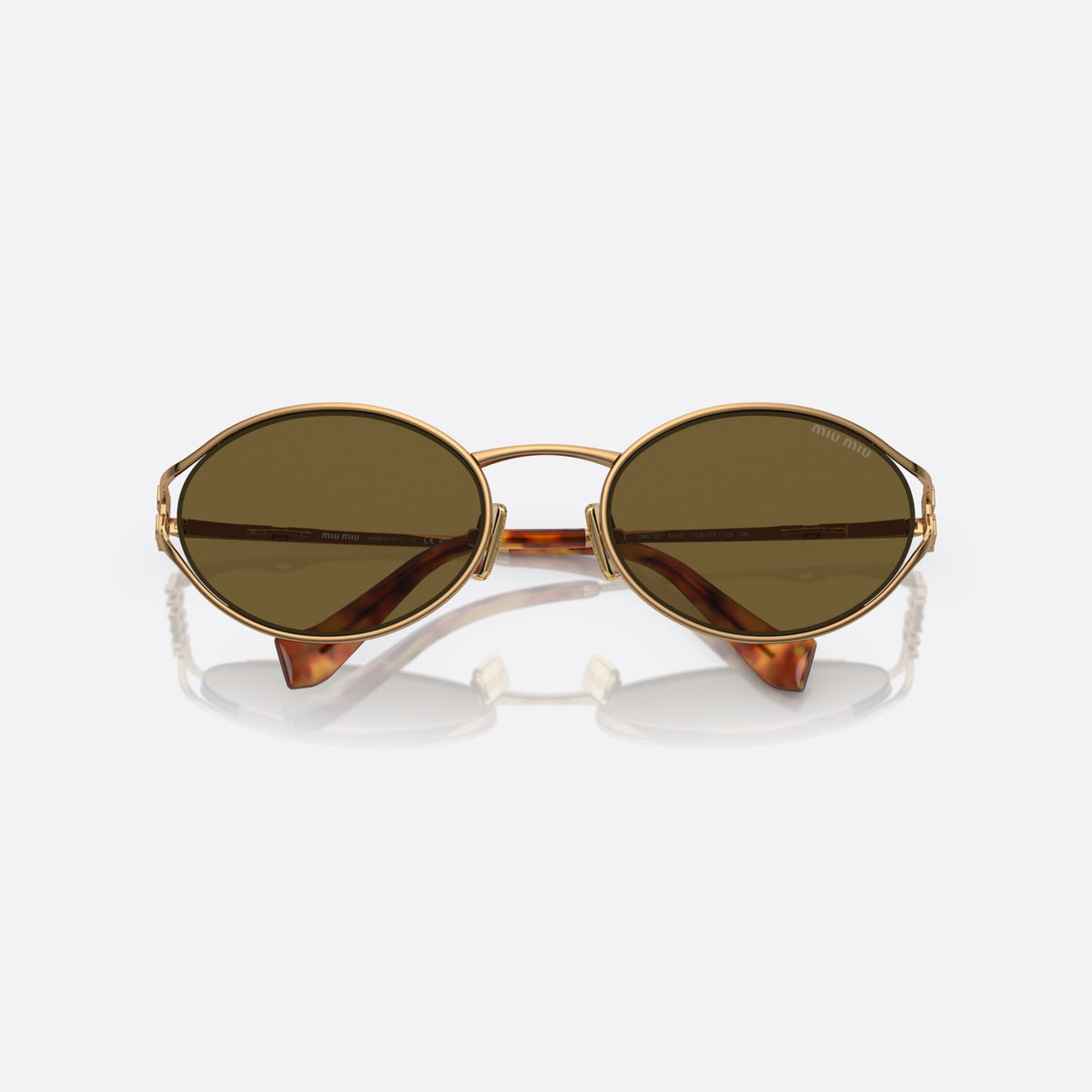 Miu Miu MU 52YS 7OE-01T sunglasses, gold oval frame for women, thin metal bridge, brand logo on temple, folded