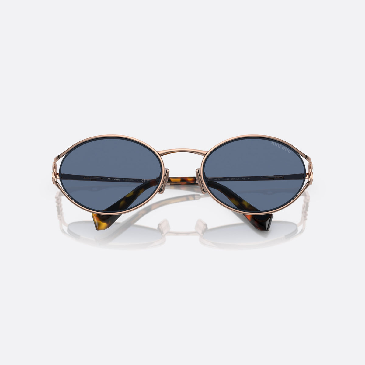 Ochelari de soare Miu Miu MU 52YS ZVF-1V1, ovali roz, pentru femei, punte metalică subțire, logo al brandului pe braț, cu brațele pliate