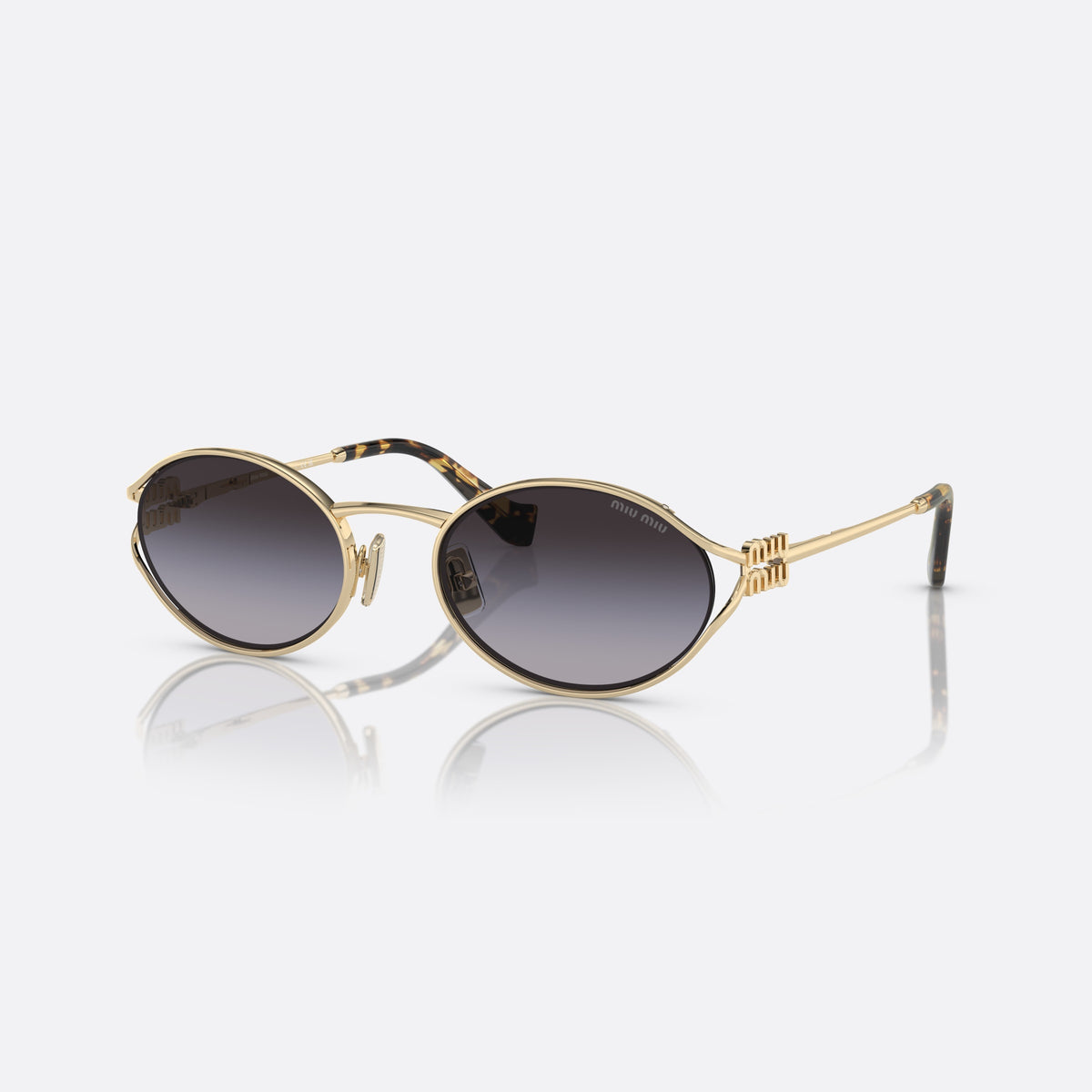 Miu Miu MU 52YS ZVN-5D1 sunglasses, gold oval frame for women, thin metal bridge, brand logo on temple