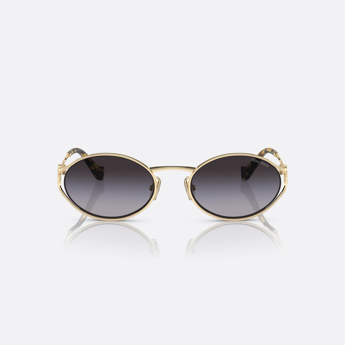 Miu Miu MU 52YS ZVN-5D1 sunglasses, gold oval frame for women, thin metal bridge, brand logo on temple, front view