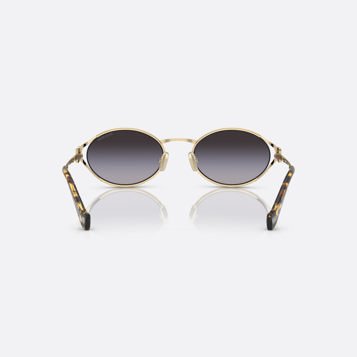 Miu Miu MU 52YS ZVN-5D1 sunglasses, gold oval frame for women, thin metal bridge, brand logo on temple, back view