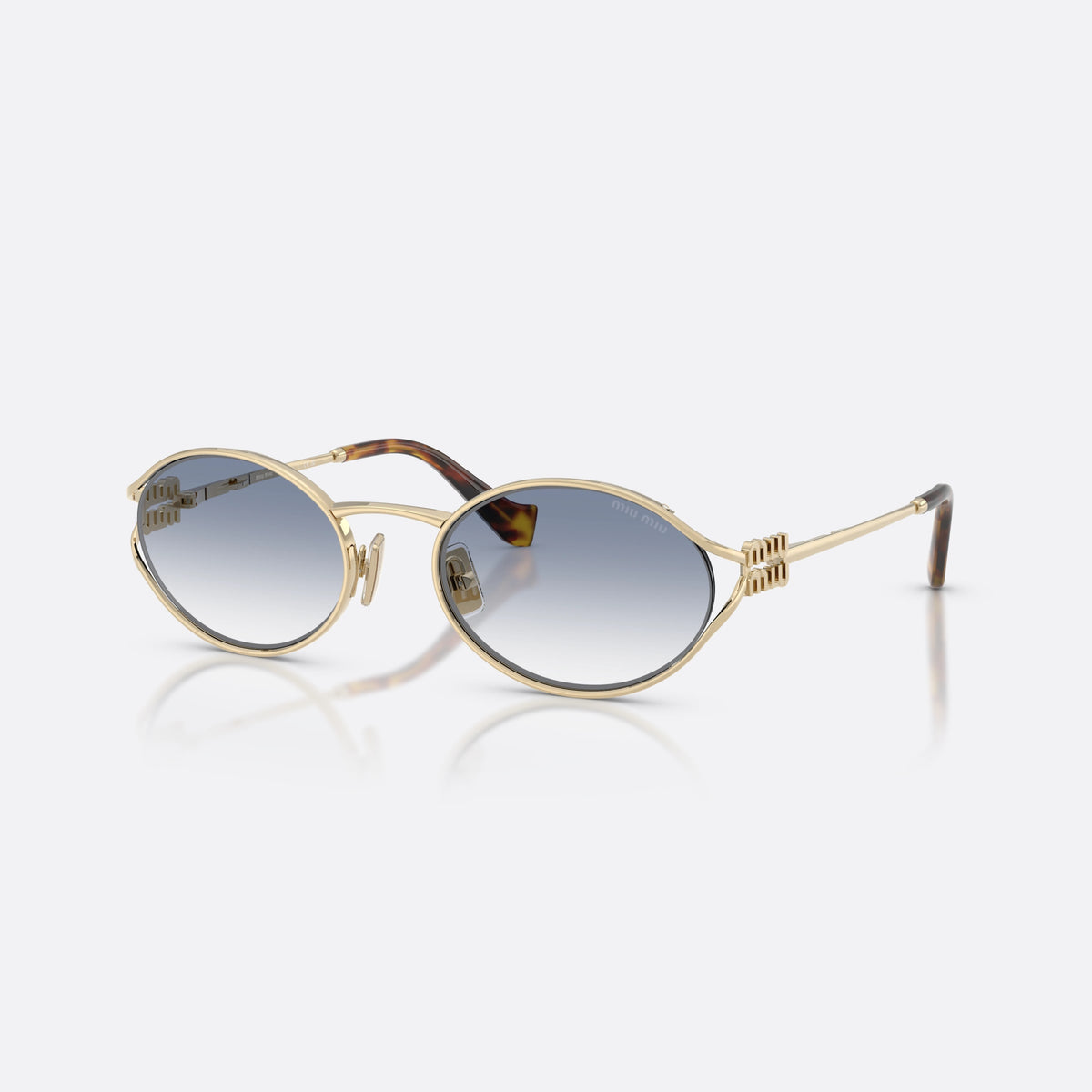 Miu Miu MU 52YS ZVN80O sunglasses, gold oval frame for women, thin metal saddle bridge, brand logo on temples