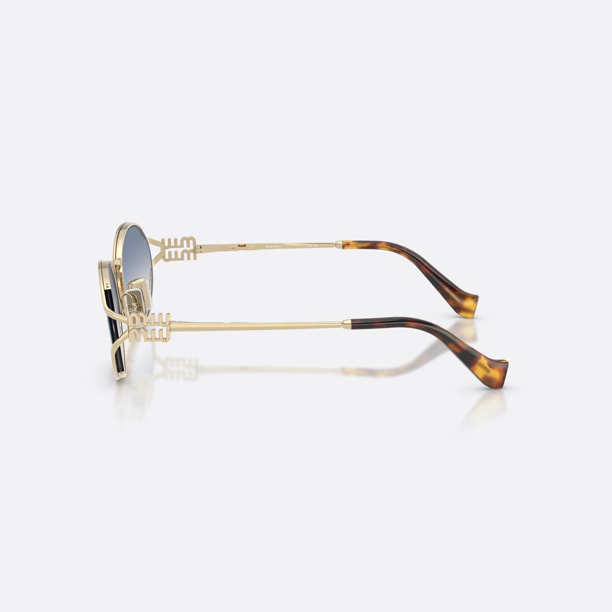Ochelari de soare Miu Miu MU 52YS ZVN80O, ovali auriu, pentru femei, punte metalică subțire, logo al brandului pe brațe, vedere laterală