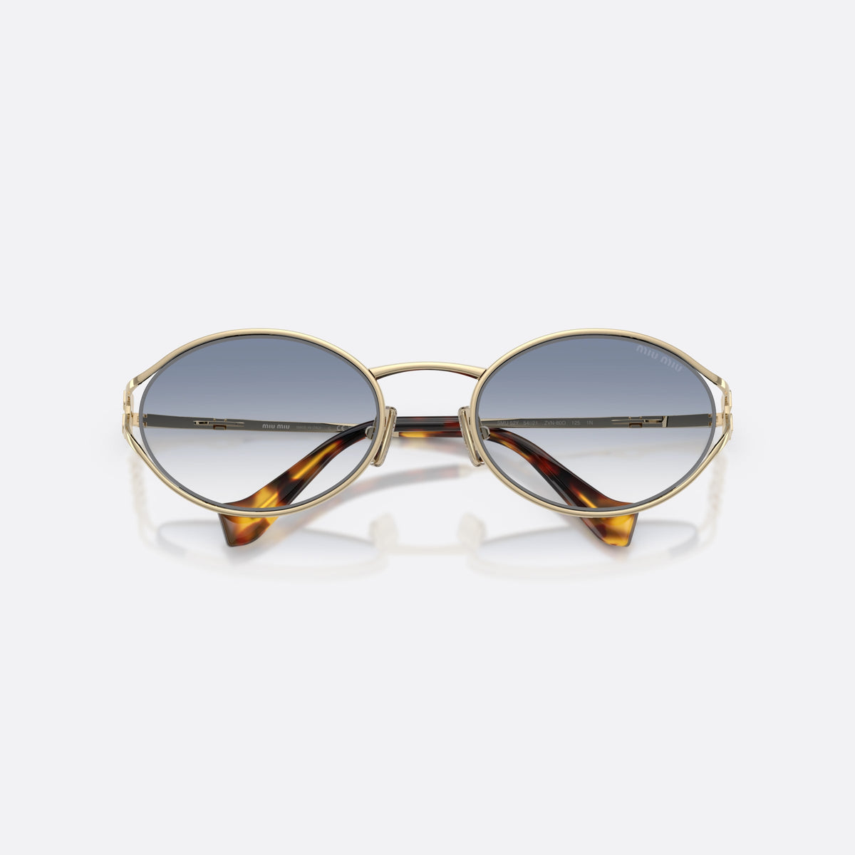 Ochelari de soare Miu Miu MU 52YS ZVN80O, ovali auriu, pentru femei, punte metalică subțire, logo al brandului pe brațe, cu brațele pliate